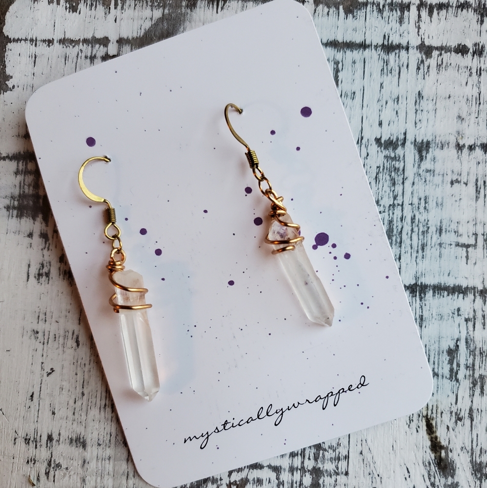 ✨ Raw Brass Earrings with Clear Quartz Crystal